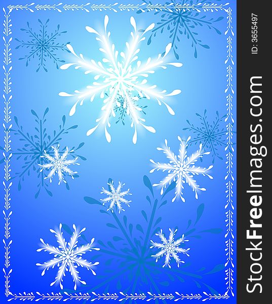 A decorative snow flake background featuring abstract snowflake patterns and border in blue and white colors. A decorative snow flake background featuring abstract snowflake patterns and border in blue and white colors