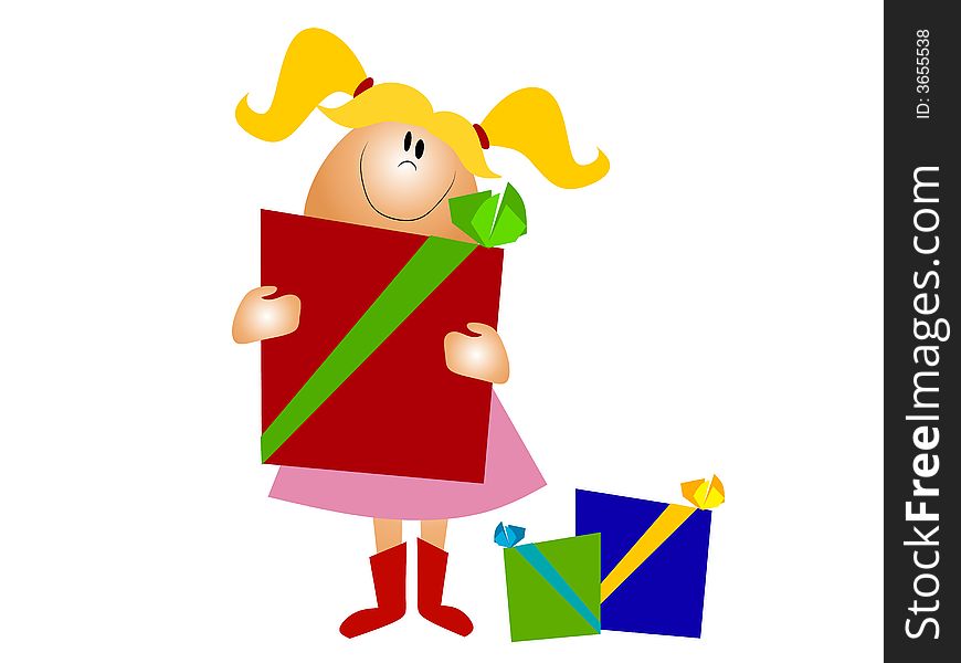 A clip art illustration of a little girl holding Christmas gifts isolated on white