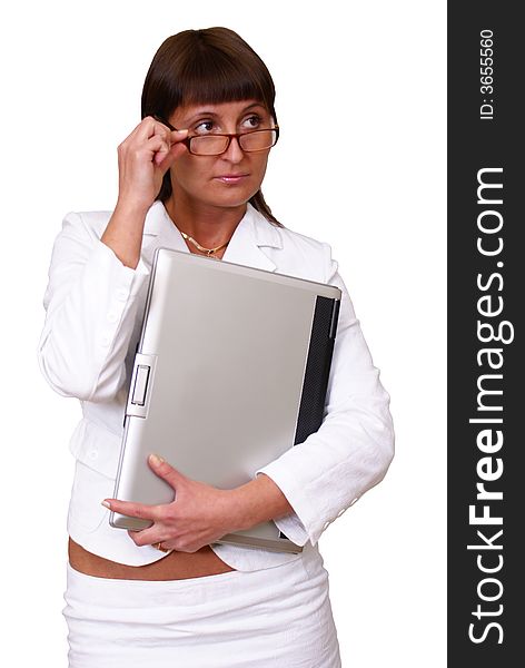 Attractive young businesswoman with laptop computer; isolated on white background.