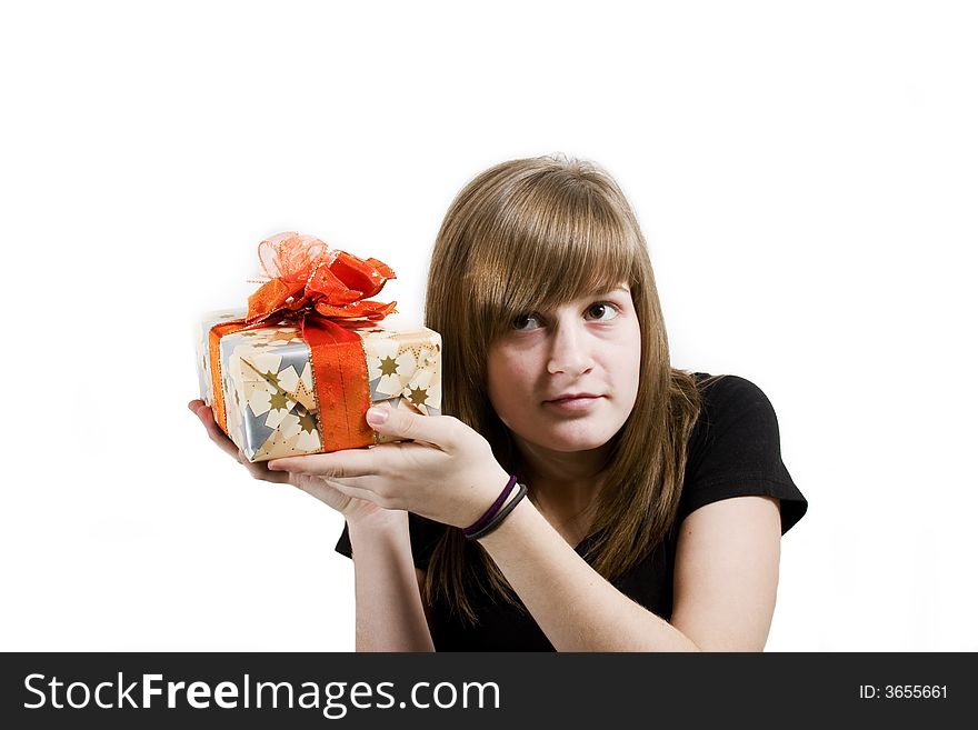 A teen girl with Christmas gifts in hands. A teen girl with Christmas gifts in hands