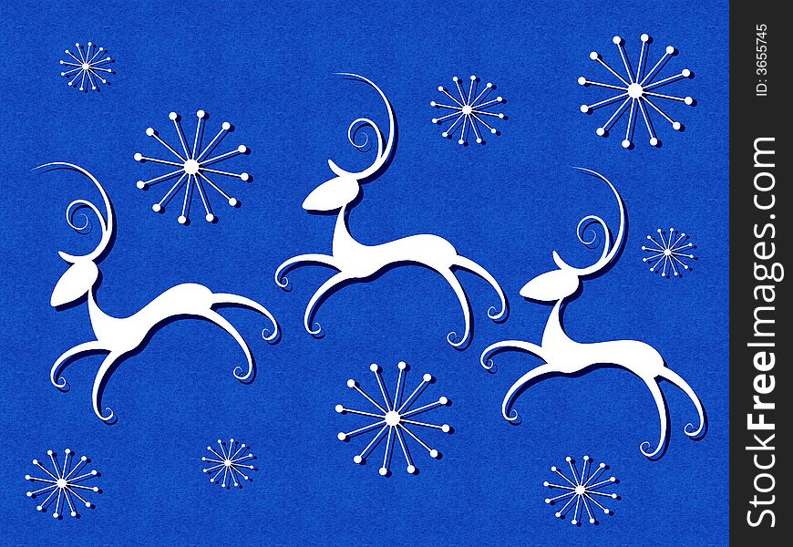 A clip art illustration of abstract looking reindeer flying through the snowflake filled sky in blue and white colors. A clip art illustration of abstract looking reindeer flying through the snowflake filled sky in blue and white colors