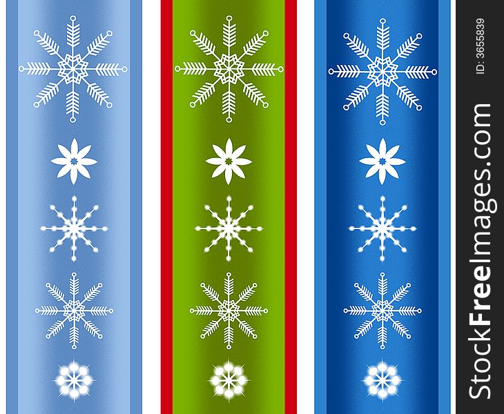 A clip art illustration of your choice of 3 snowflake decorated borders in various festive colors. A clip art illustration of your choice of 3 snowflake decorated borders in various festive colors