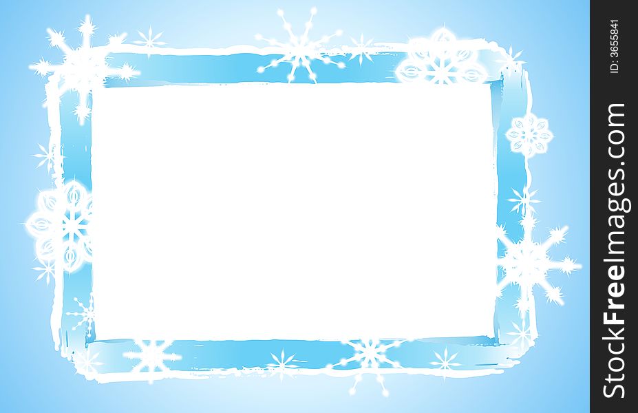 An illustration featuring blue and white rustic border decorated with snowflakes - for use as a frame, border or background. An illustration featuring blue and white rustic border decorated with snowflakes - for use as a frame, border or background