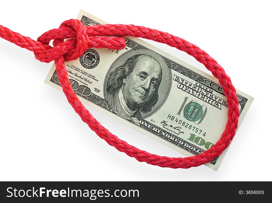 The red cord with bowline knot (loop) on a banknote. Isolated on white. Conception of risk or difficulty. The red cord with bowline knot (loop) on a banknote. Isolated on white. Conception of risk or difficulty.