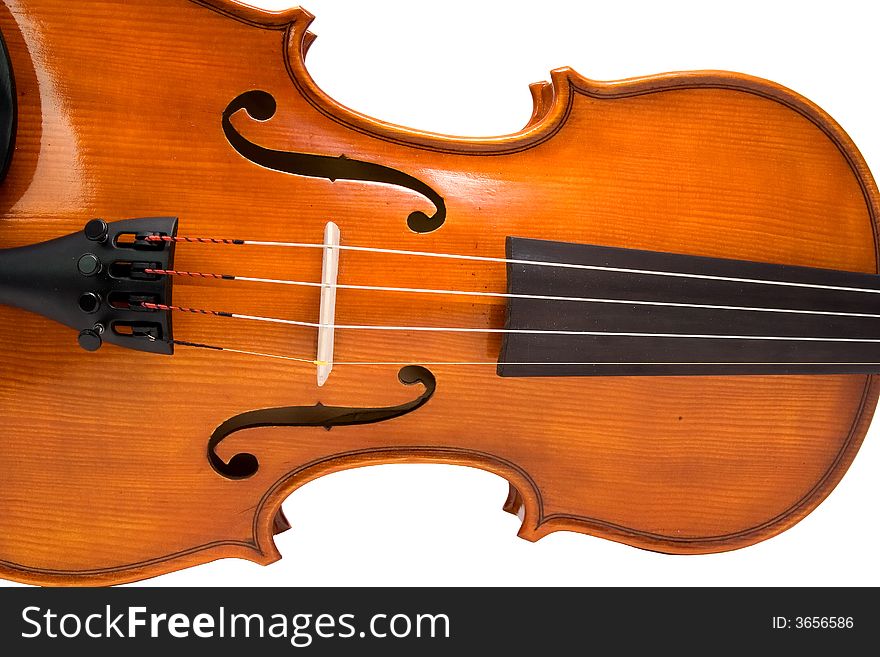 A an isolated closeup of a student model, full size violin.