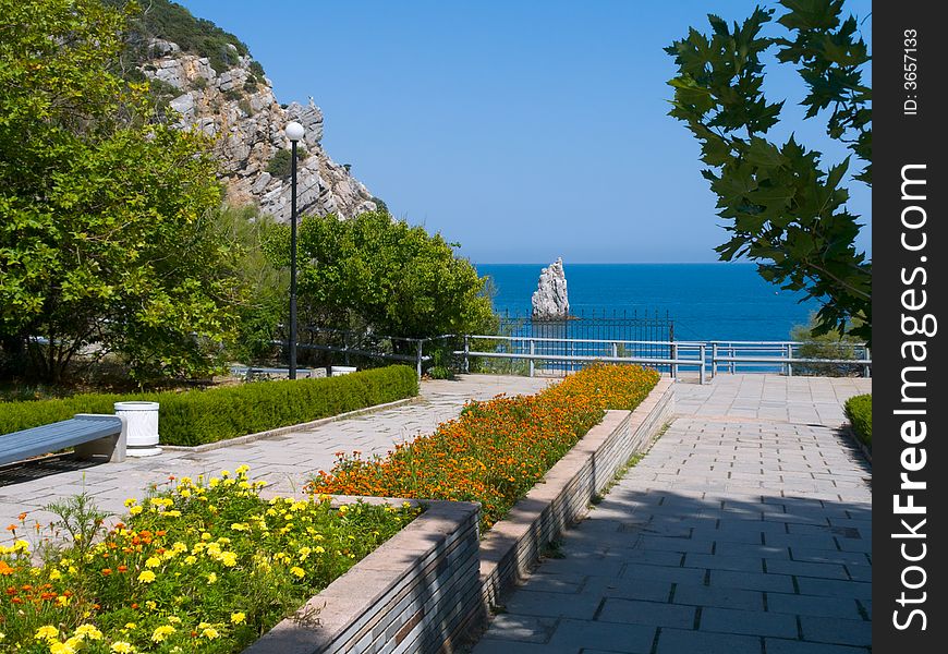 Trees, rock, pathway to sea