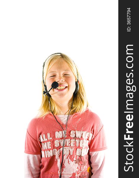 Young girl with a headset, shouting, singing and crying