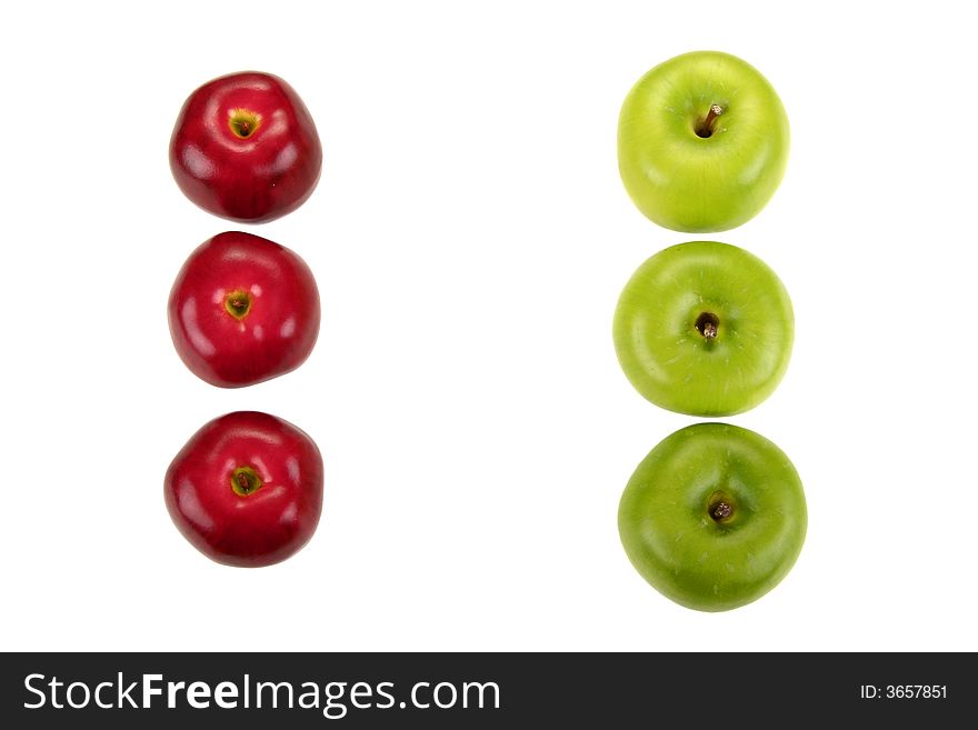 Two column of red apple and green apple lining up. Two column of red apple and green apple lining up