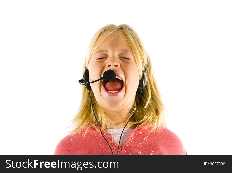 Young girl with a headset, shouting, singing and crying