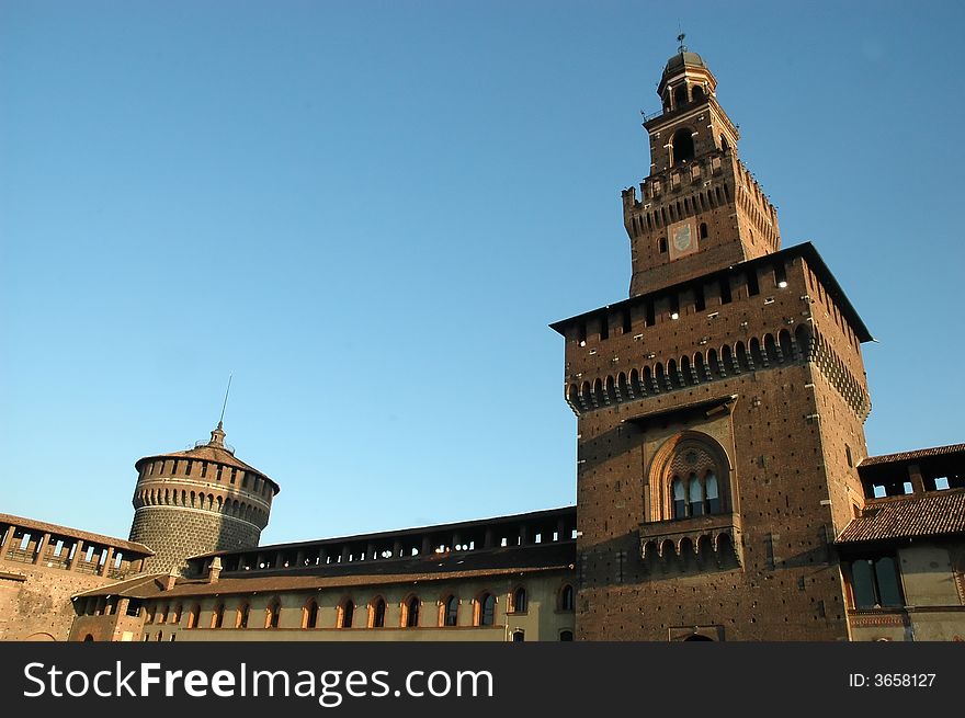 View of Milan Sforza castle in Italy under blue sky