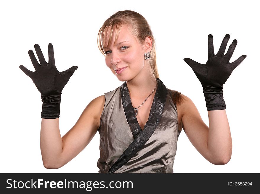 Young woman in black gloves