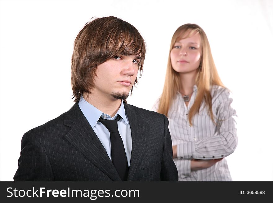 Office team, man and woman on white