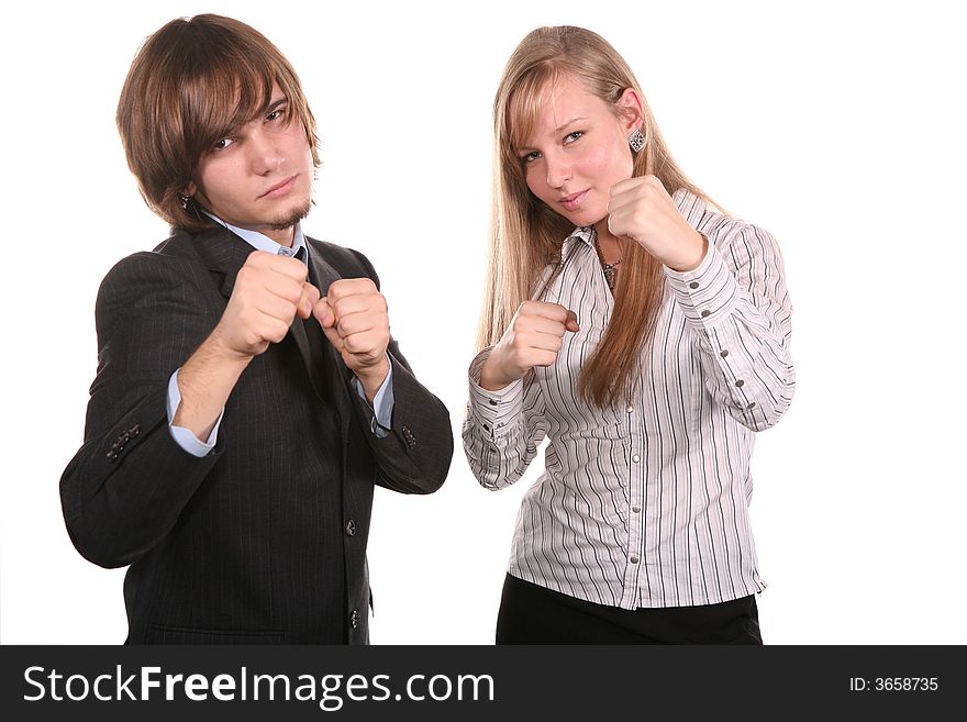 Boxer young couple on a white