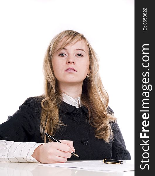 An atrractive female student with pen in hand