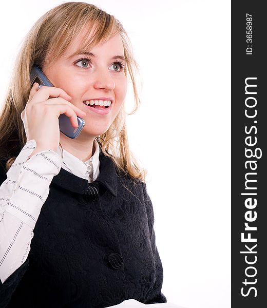 Young businesswoman on phone; smiling