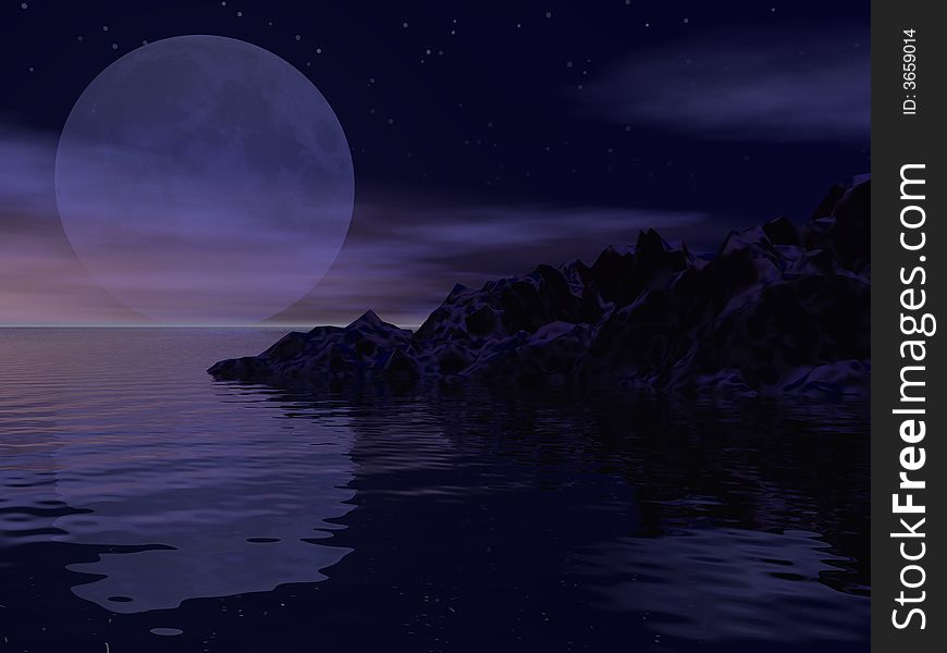 A moon reflecting on the water by a desolated island. Created in a computer program. A moon reflecting on the water by a desolated island. Created in a computer program.