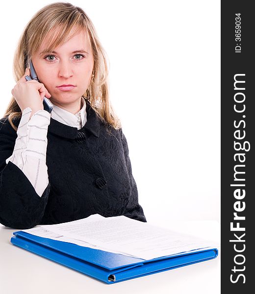 Young woman with mobile phone and blue folder