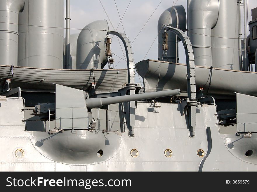 Ship gun with tubes, boats and lot of old-style ship details. Ship gun with tubes, boats and lot of old-style ship details.