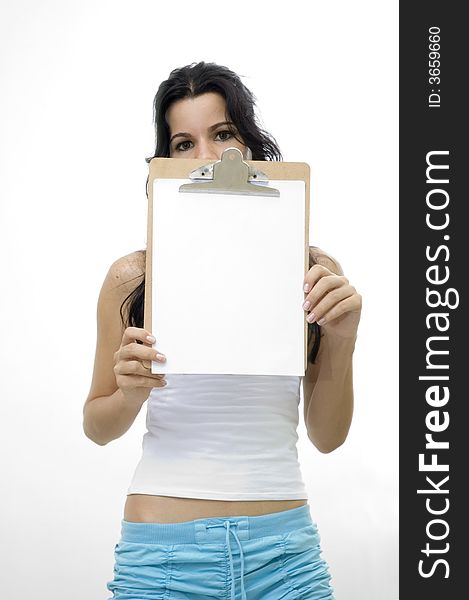 Young hispanic girl holding a blank paper - isolated over white
