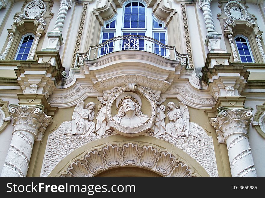 The front of a very ornately decorated church. The front of a very ornately decorated church.