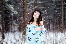 Beautiful Woman Under Warm Cute Wrap In Cold Snow Forest Stock Photography