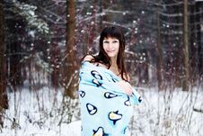 Beautiful Woman Under Warm Cute Wrap In Cold Snow Forest Stock Photos