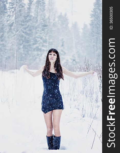 Beautiful Bride Under Veil On White Snow Background