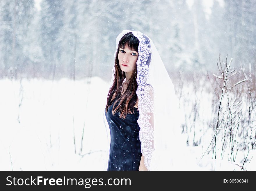 Beautiful bride under veil on white snow background