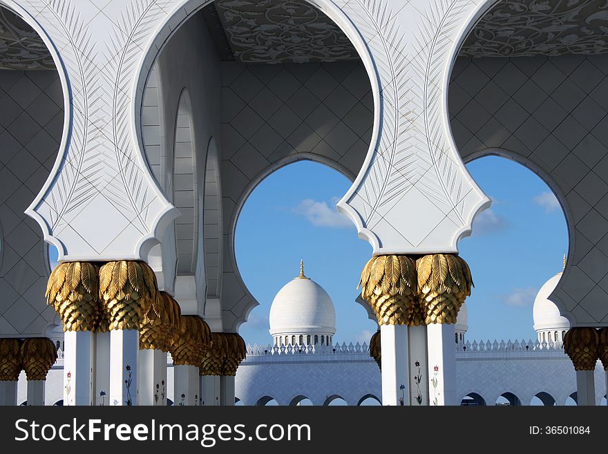 Curved pillars of Grand Mosque, also known as Sheikh Zayed Mosque, located in Abu Dhabi. Curved pillars of Grand Mosque, also known as Sheikh Zayed Mosque, located in Abu Dhabi.