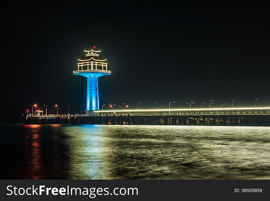 Lighthouse colorful in amazing night .