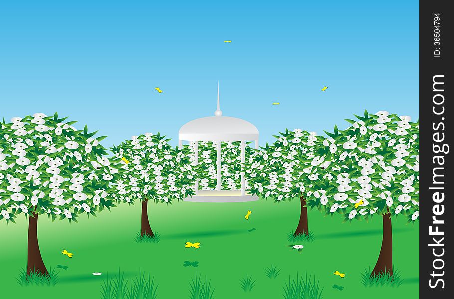 Spring. Orchard with trees and flowers, a beautiful gazebo and yellow butterfly.