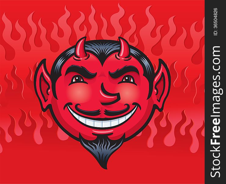 Cartoon illustration of a smiling and grinning devil head, with 3 sets of red gradated flames behind him. Cartoon illustration of a smiling and grinning devil head, with 3 sets of red gradated flames behind him.