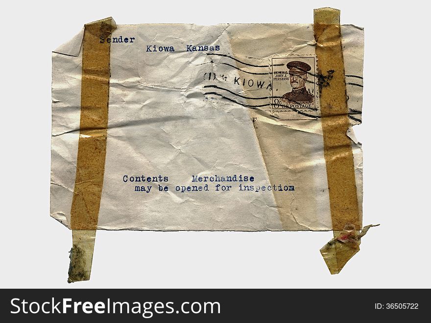 Vintage package label from Kiowa, Kansas with 1961 canceled John J. Pershing 8 cent stamp.
