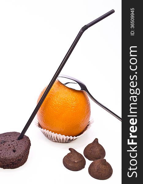 Juice, cake and chocolate concept on white background