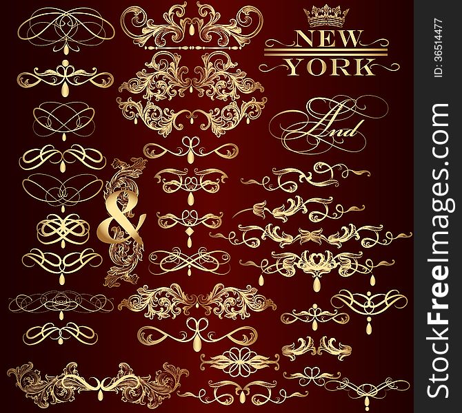 Collection Of Vector Golden Decorative Calligraphic Elements For