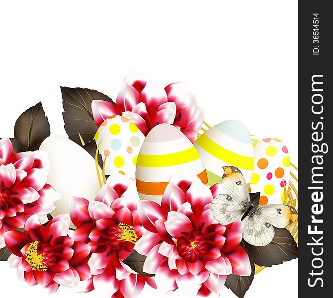 Easter vector background with eggs and flowers