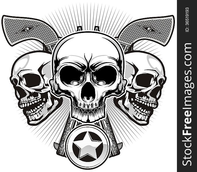 Skulls and guns with star badge. Skulls and guns with star badge