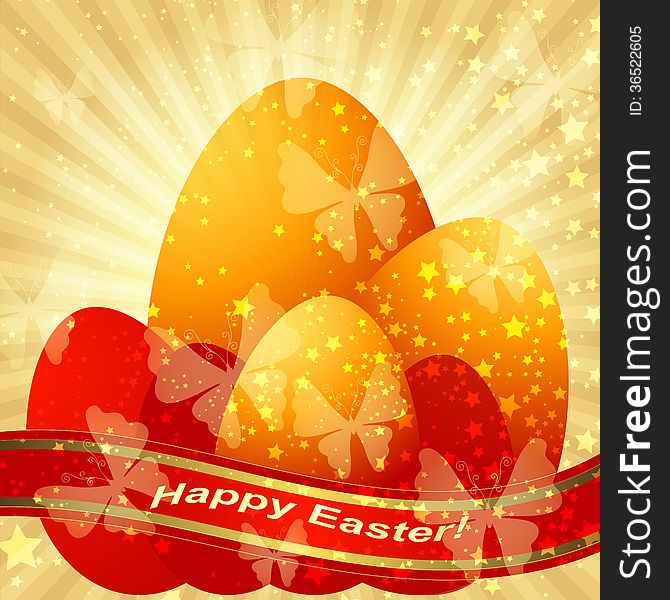 Easter greeting gold card with Easter eggs and ribbon and rays (vector eps 10)
