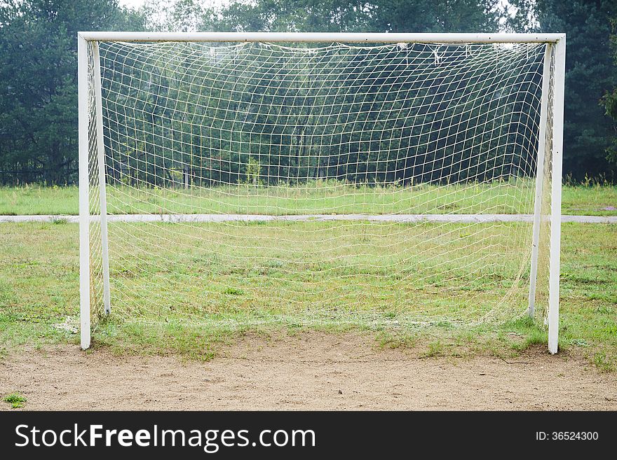 Football goal on the green park meadow