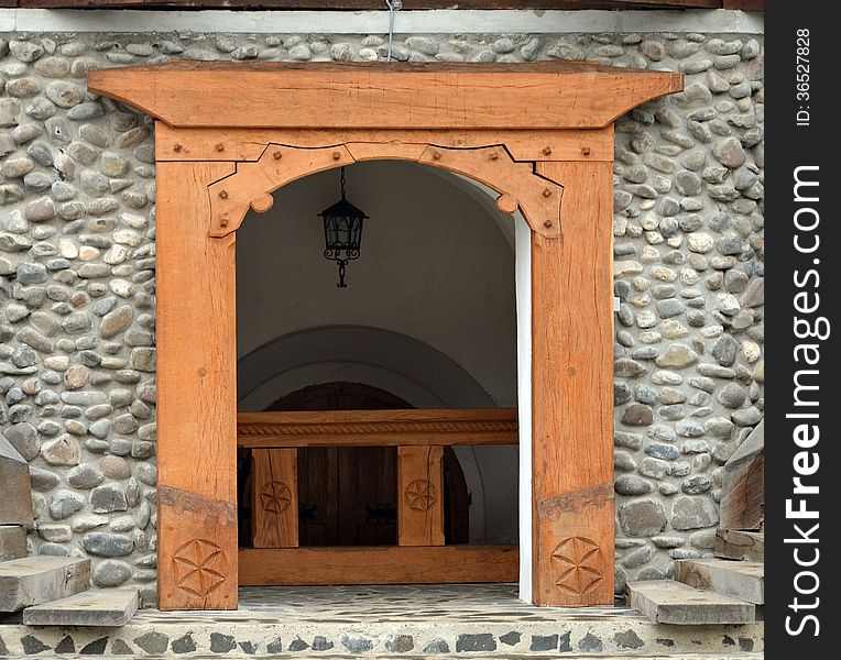 Wooden church entrance withouth door