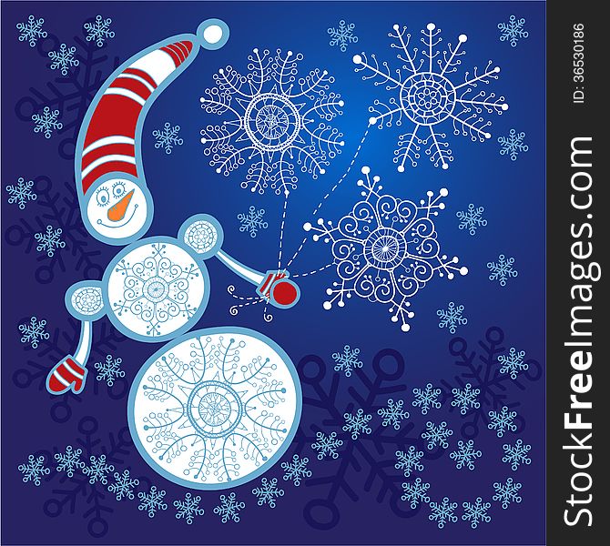 The illustration of snowman with snowflakes