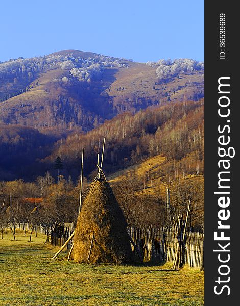 Travel to Romania: Haystacks during early winter