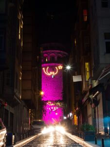 The Galata Tower At Night - Pink Royalty Free Stock Images