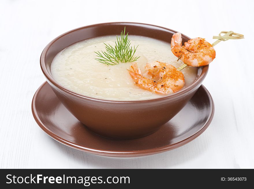 Potato Cream Soup With Glazed Shrimp On A Skewer, Close-up