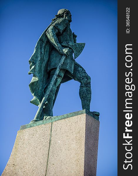 Statue of explorer Lief Eriksson stands in the Icelandic capital on a sunny clear day. Statue of explorer Lief Eriksson stands in the Icelandic capital on a sunny clear day