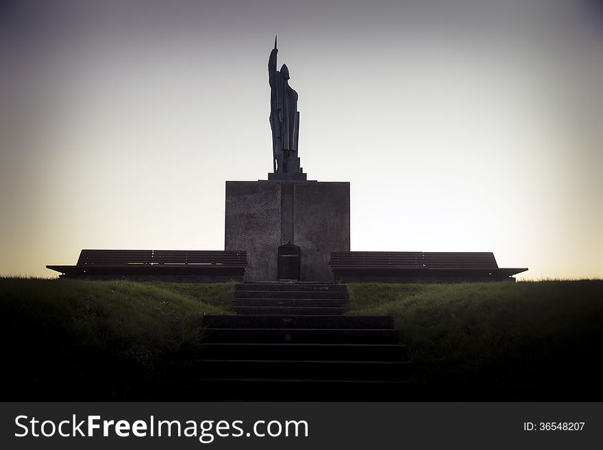 The Ingolfur Arnarsson statue at dusk in the Icelandic capital. The Ingolfur Arnarsson statue at dusk in the Icelandic capital