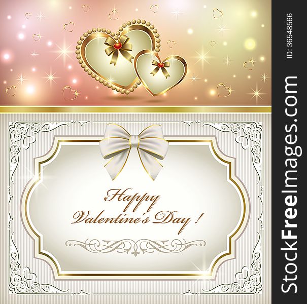 Card for Valentines Day two hearts on shining background. Card for Valentines Day two hearts on shining background