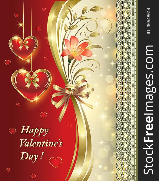 Romantic card with floral ornament and hearts on a decorative background. Romantic card with floral ornament and hearts on a decorative background