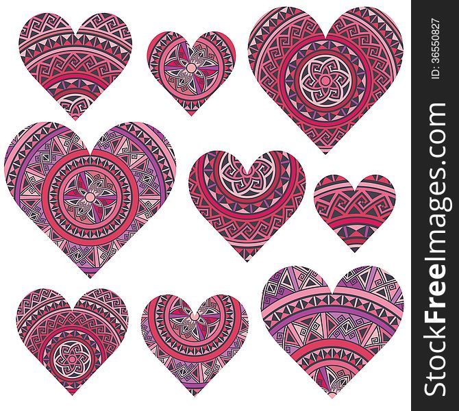 Set of hearts. pink purple valentine hearts in ethnic style isolated on white background. Vector illustration