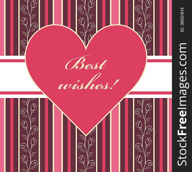 Bright pink purple greeting card with heart on romantic floral seamless pattern background. vector illustration.